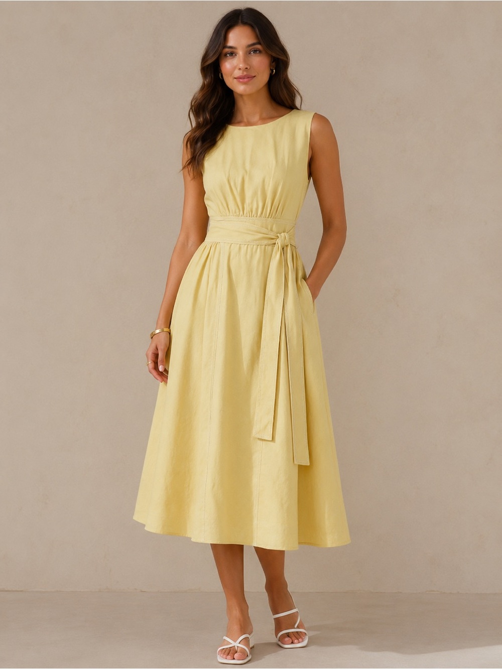 Cotton Linen Sleeveless Belted Midi Dress